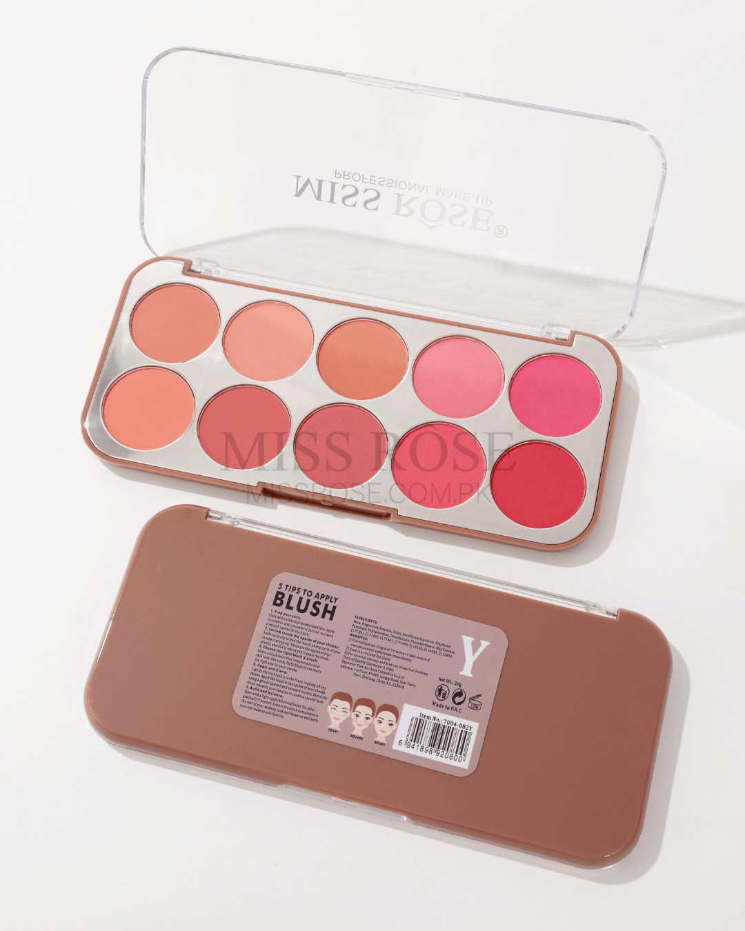 Miss Rose 10-Color Blushers Palette with ten vibrant and nude shades in a sleek, portable makeup case with clear lid