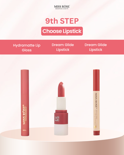 Miss Rose 9th Step Choose Lipstick promotional graphic showing three cosmetic items: a Hydramatte Lip Gloss, a Dream Glide Lipstick in an open tube, and a Dream Glide Lipstick in a tube, displayed on a round pedestal against a soft pink background.