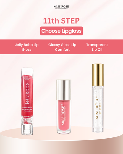 Miss Rose 11th Step lip gloss selection graphic showing three products: Jelly Bobo lip gloss, Glossy Lip Comfort, and Transparent Lip Oil, displayed on a light pink and white background with a beige pedestal.