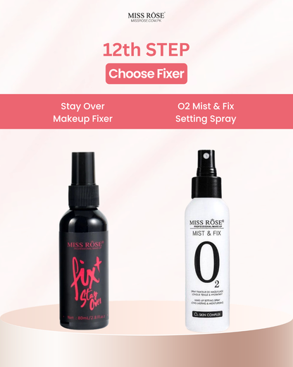 Two MISS ROSE cosmetic bottles displayed on a light pink background with promotional text. On the left is a black bottle labeled 'fix' in pink script, and on the right is a white bottle labeled 'Mist & Fix' with a large 'O2' graphic.