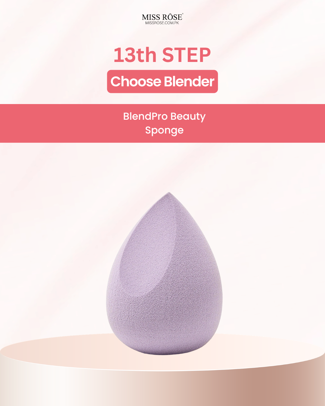 Miss Rose BlendPro Beauty Sponge in a lavender-purple teardrop shape, displayed on a beige pedestal with promotional text overlay.
