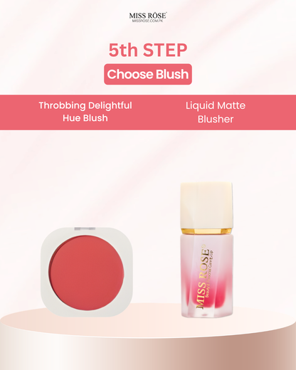 Miss Rose Beauty Blush collection featuring a compact square blush in 'Throbbing Delightful Hue Blush' and a liquid matte blusher bottle in 'Liquid Matte Blusher', presented on a light pink and white background with promotional text.