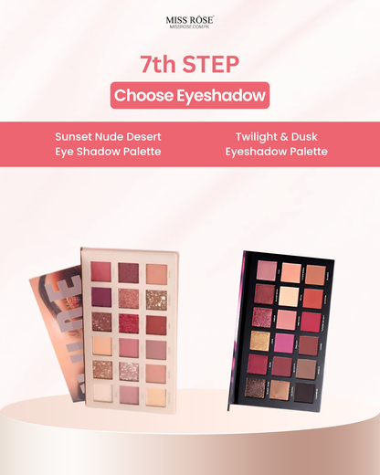 Miss Rose eyeshadow palettes displayed on a light pink pedestal with promotional text. The left palette is labeled 'Sunset Nude Desert Eye Shadow Palette' and shows warm nude shades.