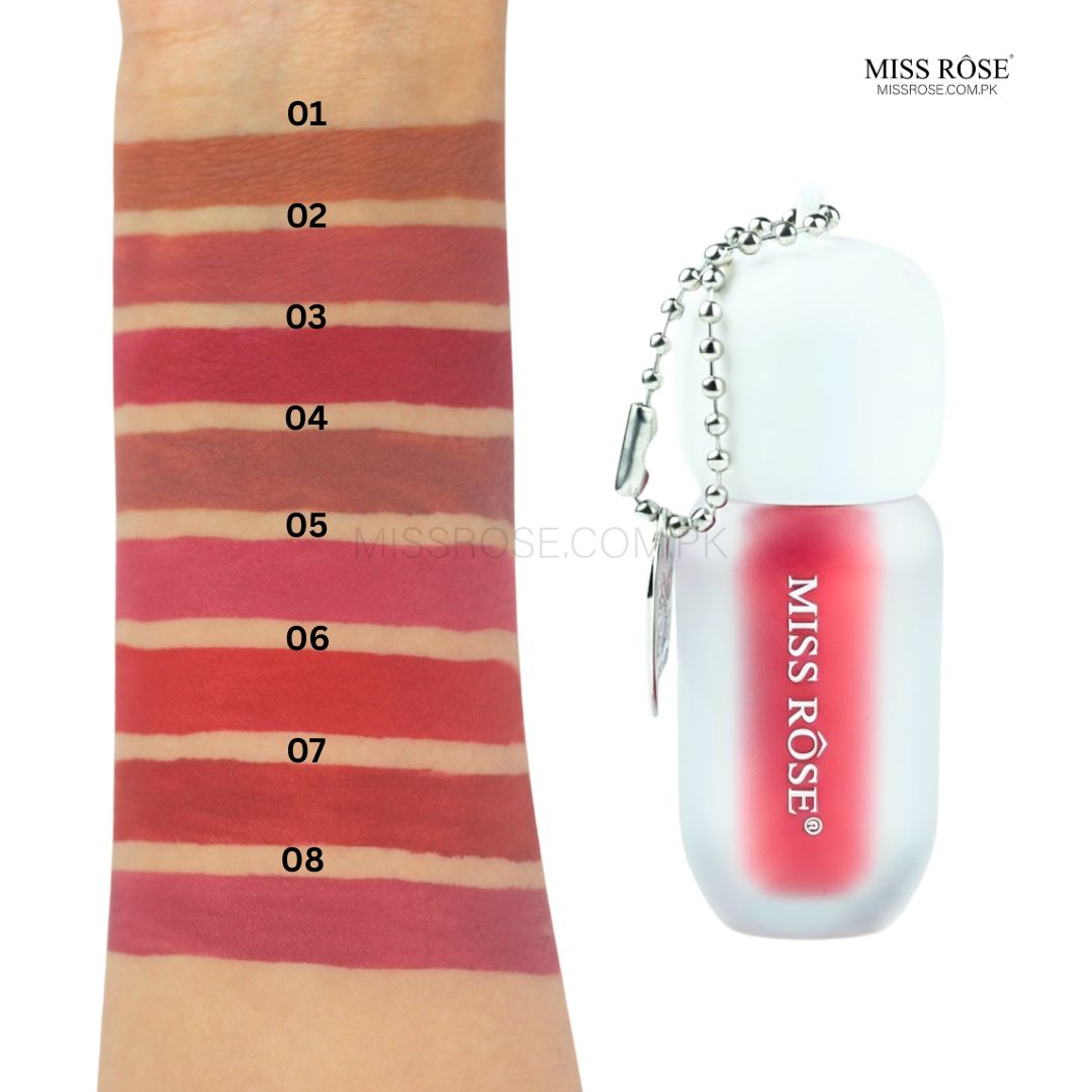 Close-up of Miss Rose Mini Matte Lip Gloss featuring soft matte texture and vibrant lip colors | Miss Rose Com pk