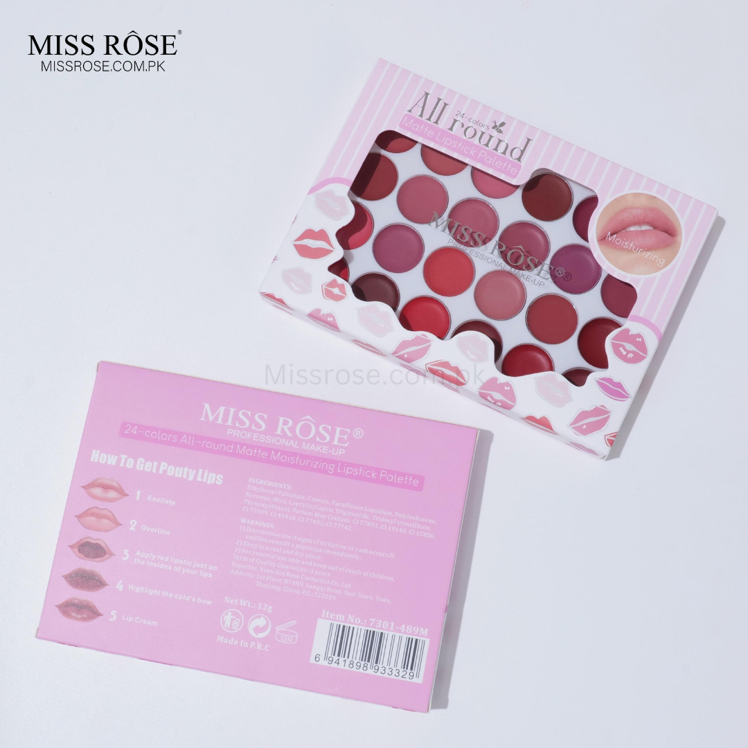 Miss Rose 24-Color All-Round Matte Moisturizing Lipstick Palette - Miss Rose Com Pk