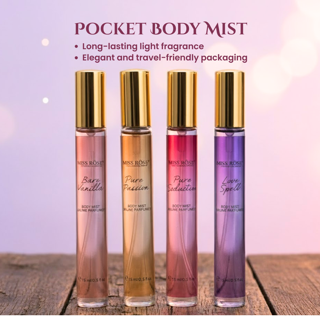Miss Rose Mini Body Mist Collection: 15ml Travel-Friendly Perfume Sprays Elegant Packaging Set of Four Scents