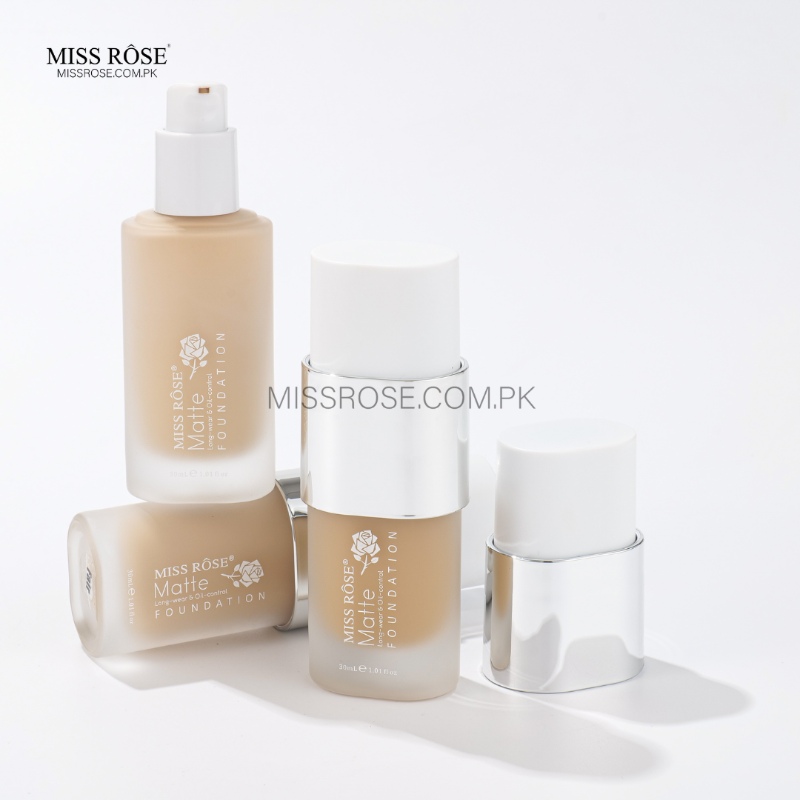 Miss Rose oil-free foundation swatches showing Fair to Beige 4 shades
