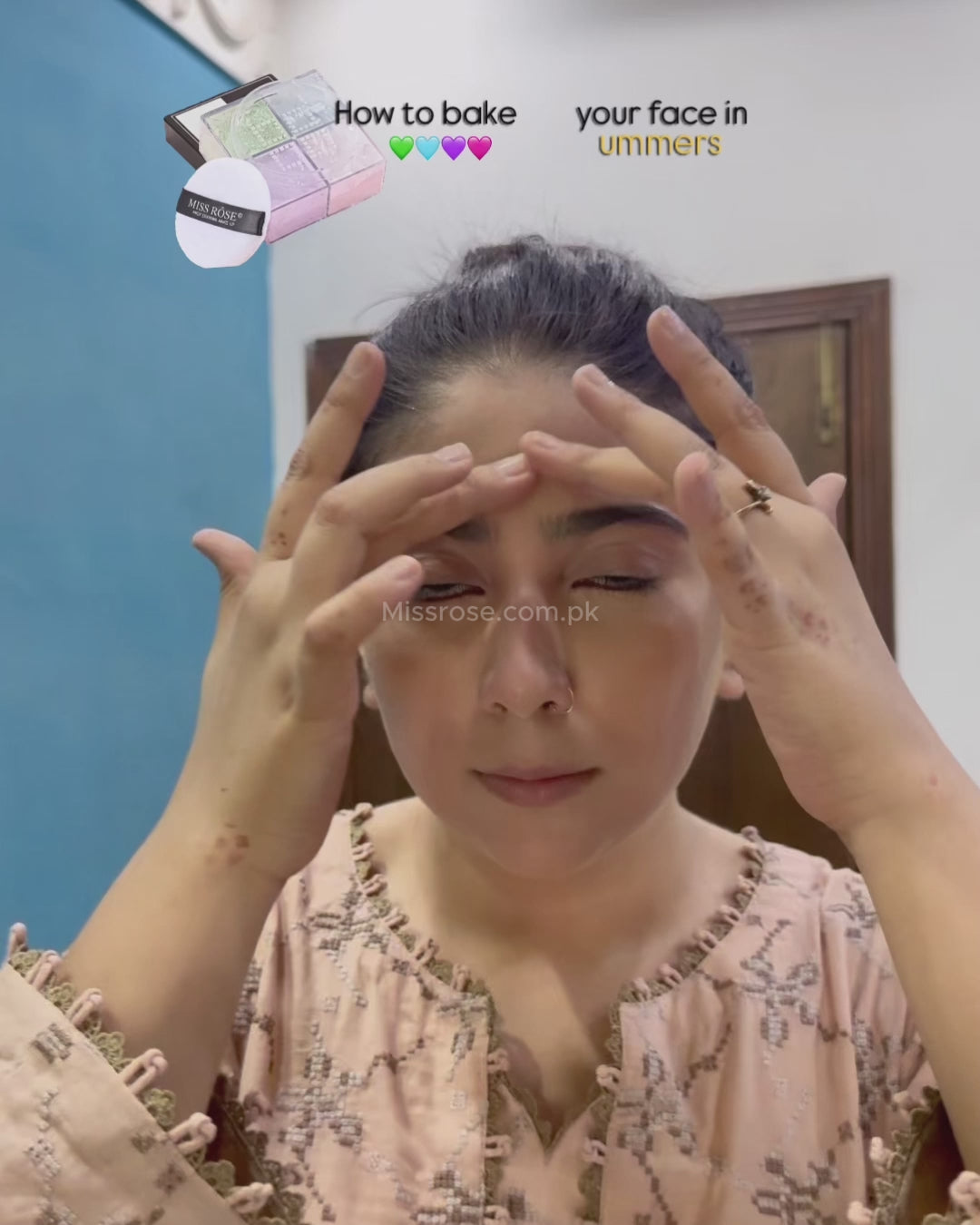 Woman applying face powder, demonstrating how to use Miss Rose Prisme Libre 4-Color Loose Powder for a flawless finish